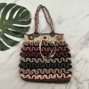 Vintage Y2k Woven Shoulder Bag Purse Purple Pink Flowers Ribbons Tote